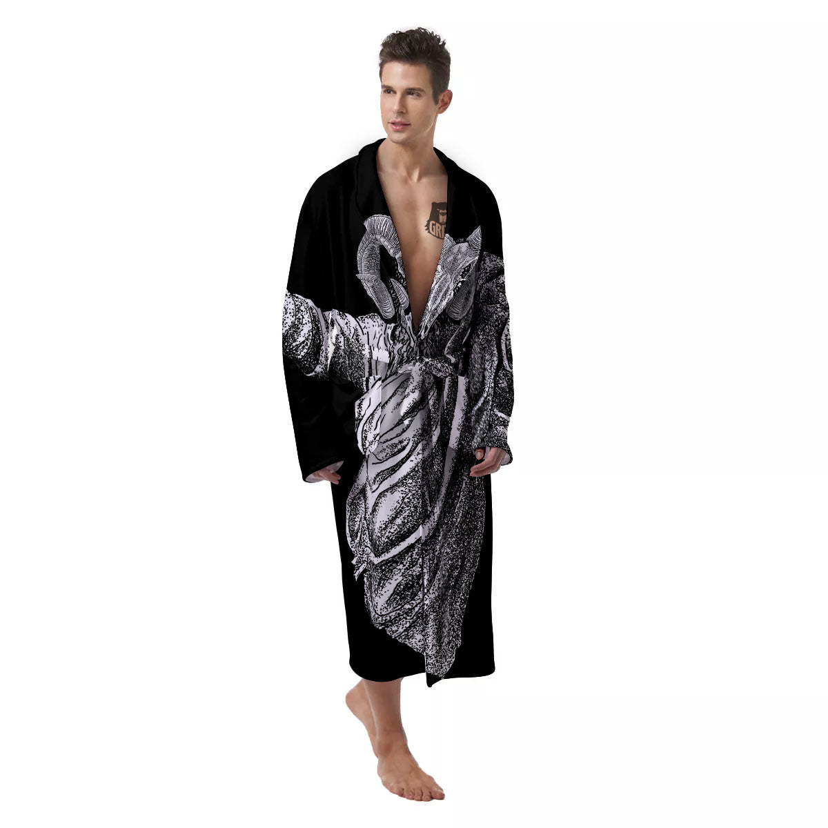 Black And White Demon Goat Print Men's Robe-grizzshop