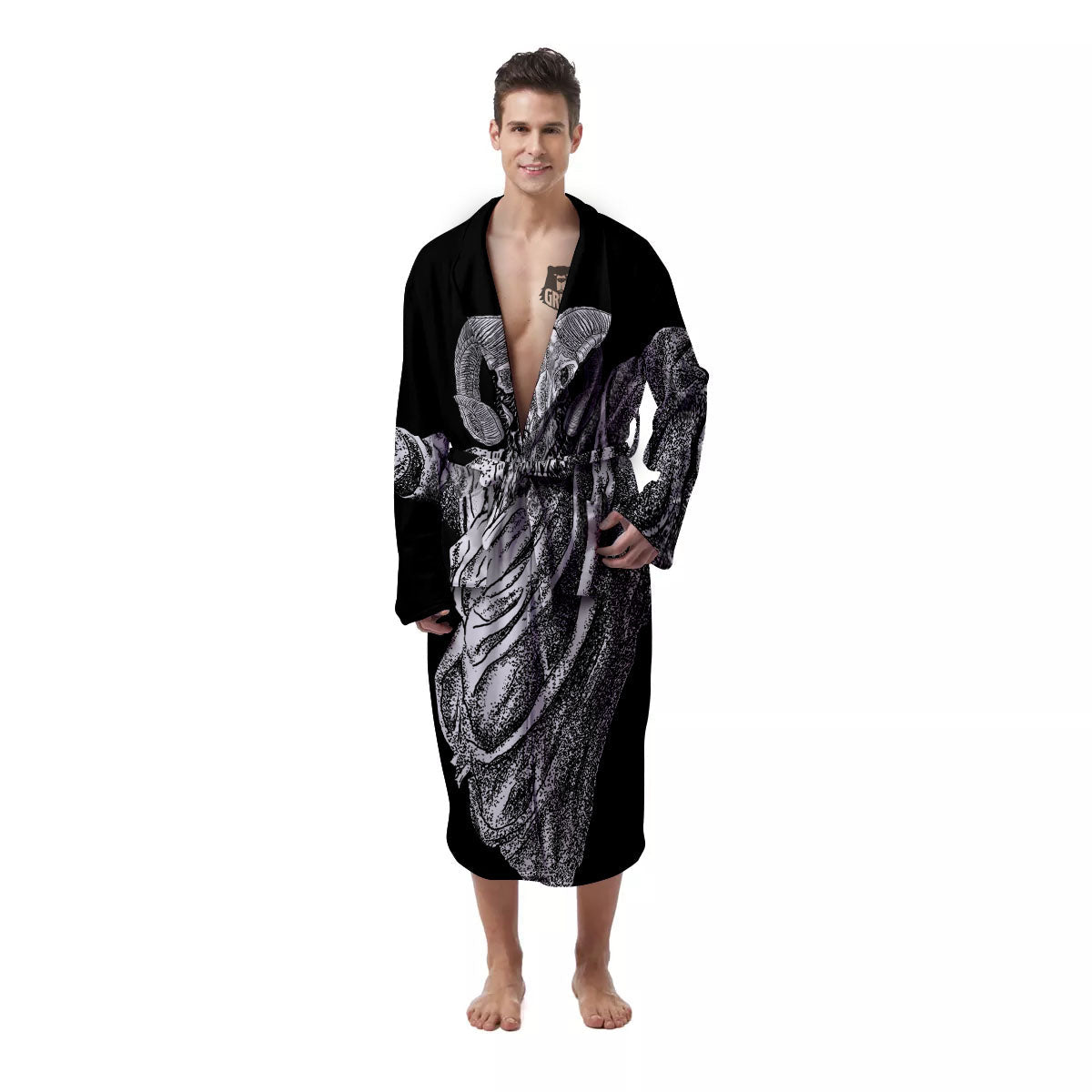 Black And White Demon Goat Print Men's Robe-grizzshop