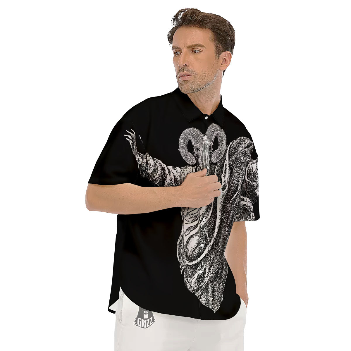 Black And White Demon Goat Print Men's Short Sleeve Shirts-grizzshop