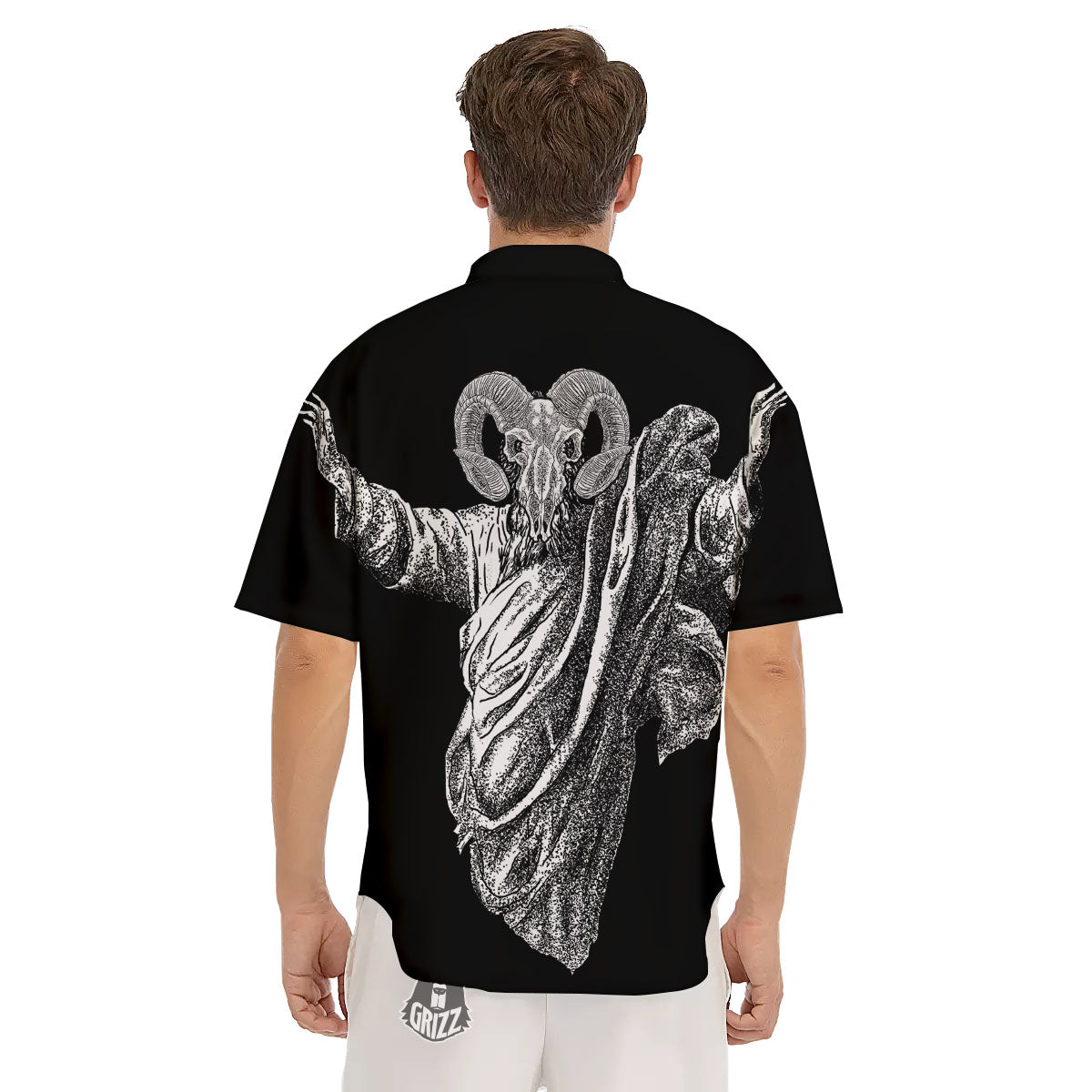 Black And White Demon Goat Print Men's Short Sleeve Shirts-grizzshop