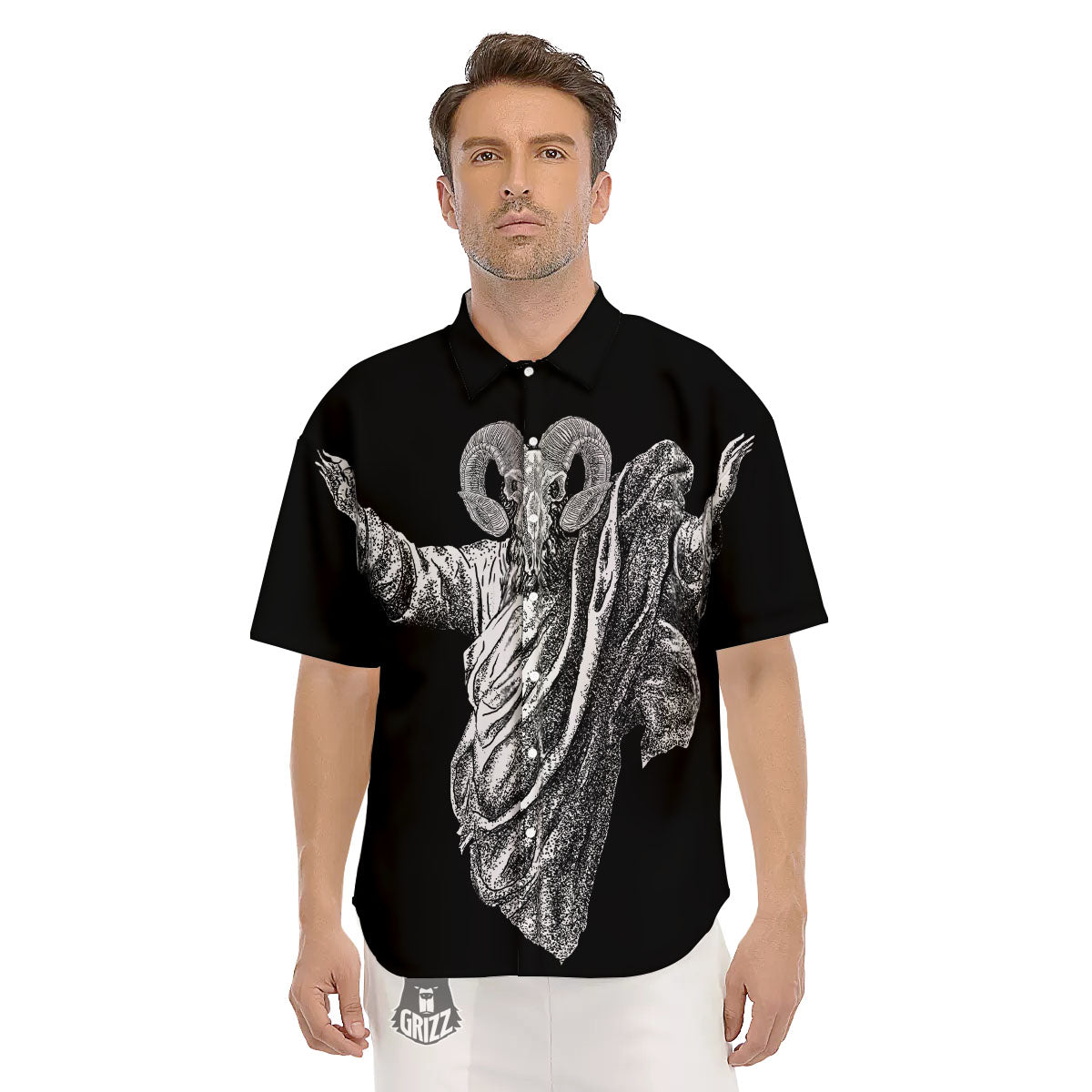 Black And White Demon Goat Print Men's Short Sleeve Shirts-grizzshop