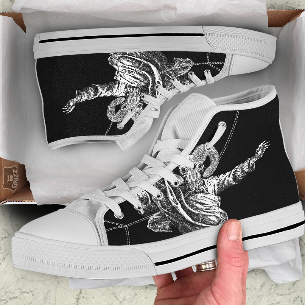 Black And White Demon Goat Print White High Top Shoes-grizzshop