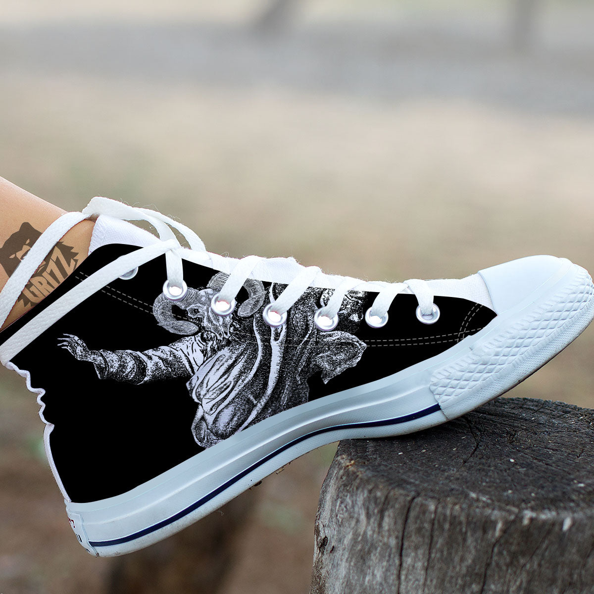 Black And White Demon Goat Print White High Top Shoes-grizzshop
