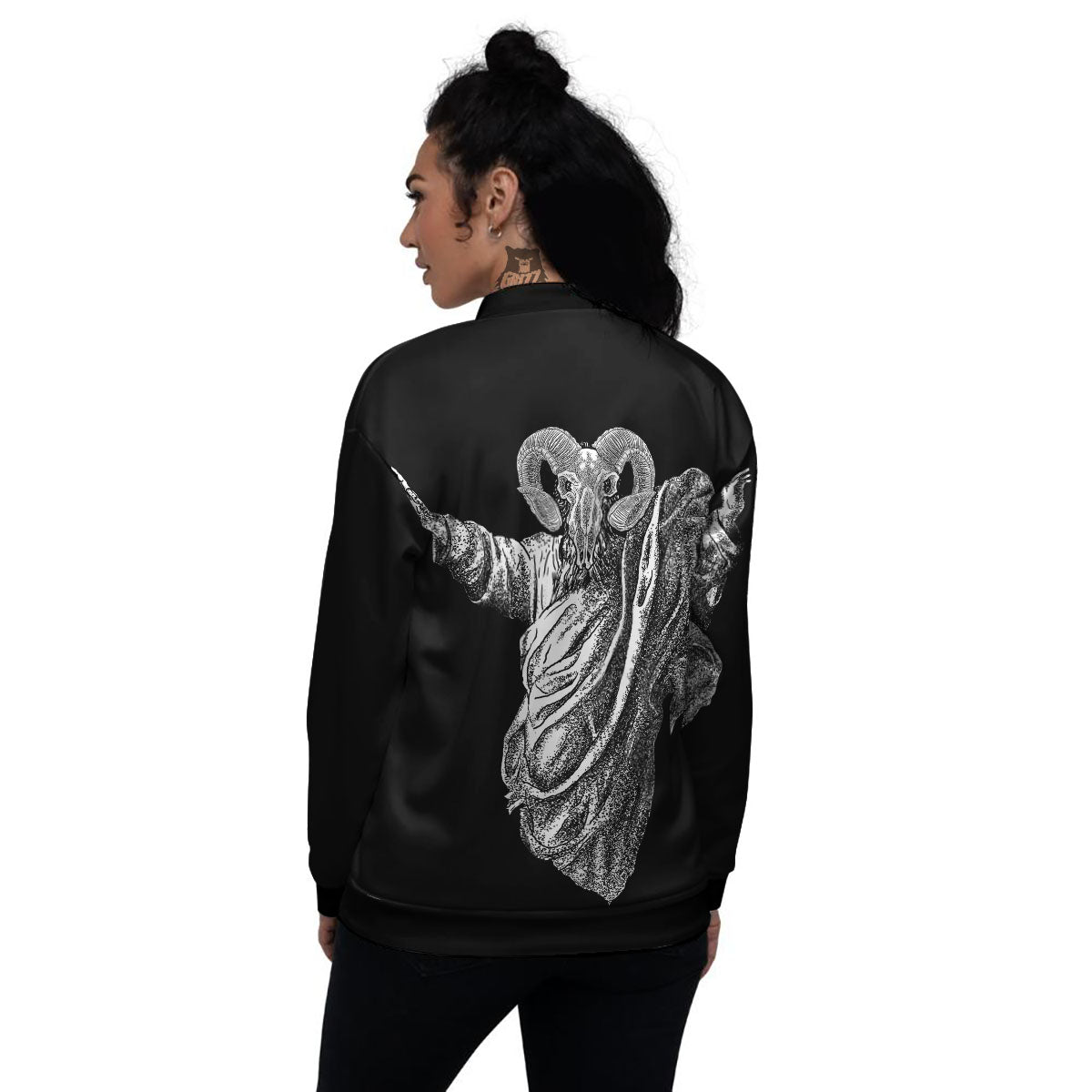 Black And White Demon Goat Print Women's Bomber Jacket-grizzshop