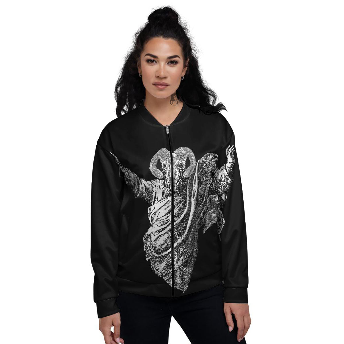 Black And White Demon Goat Print Women's Bomber Jacket-grizzshop