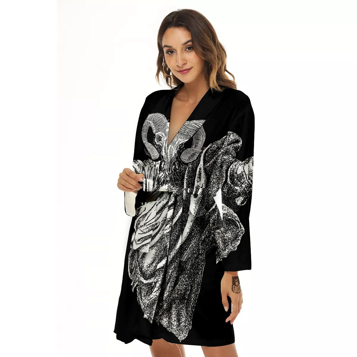 Black And White Demon Goat Print Women's Robe-grizzshop