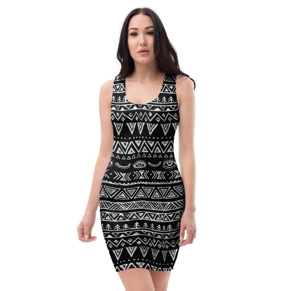 Black And White Doodle Tribal Aztec Print Bodycon Dress-grizzshop