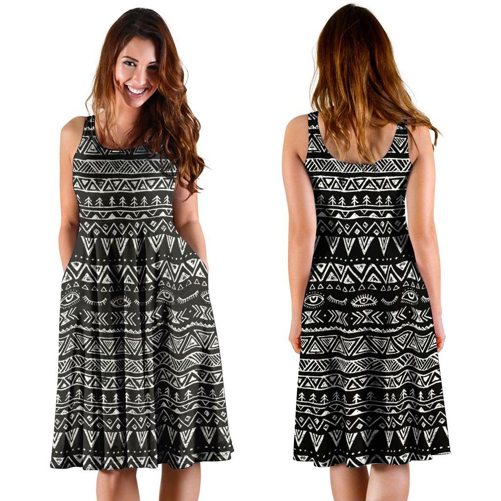 Black And White Doodle Tribal Aztec Print Dress-grizzshop