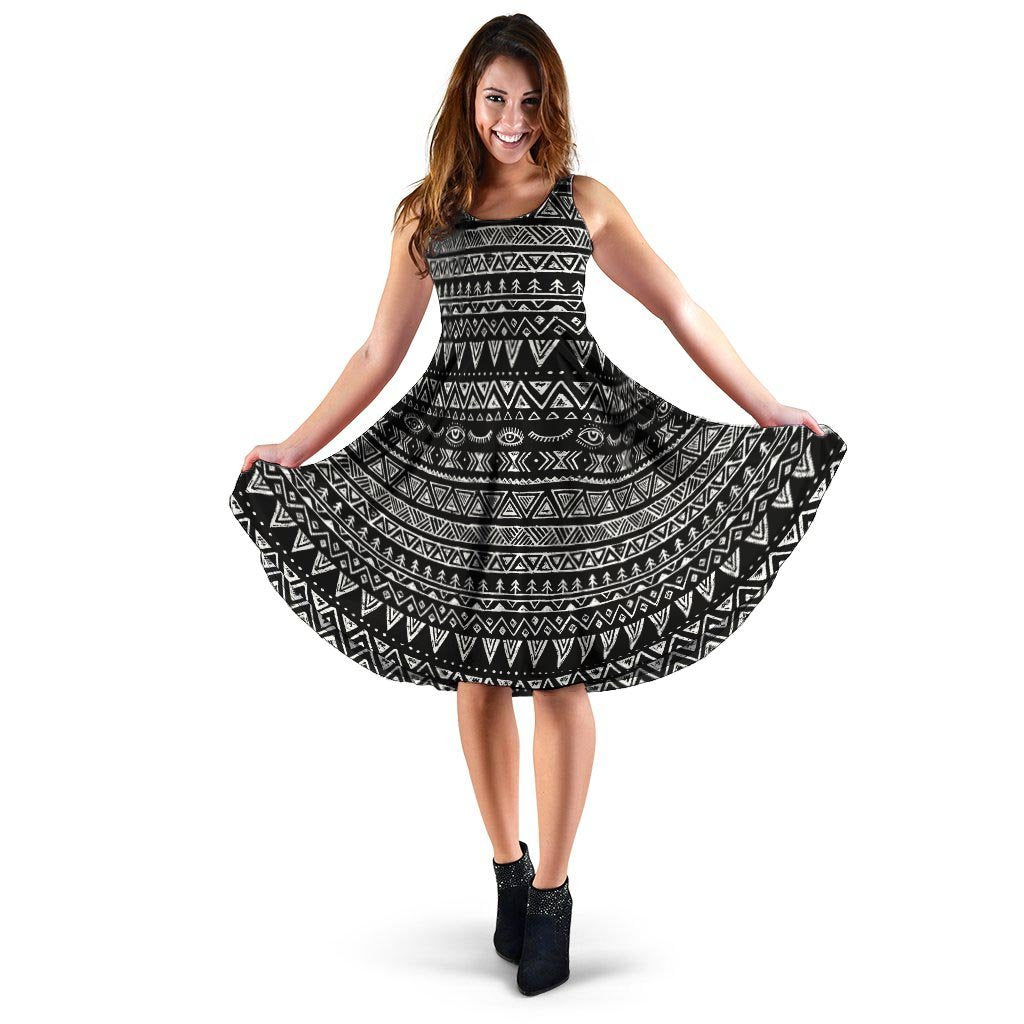 Black And White Doodle Tribal Aztec Print Dress-grizzshop