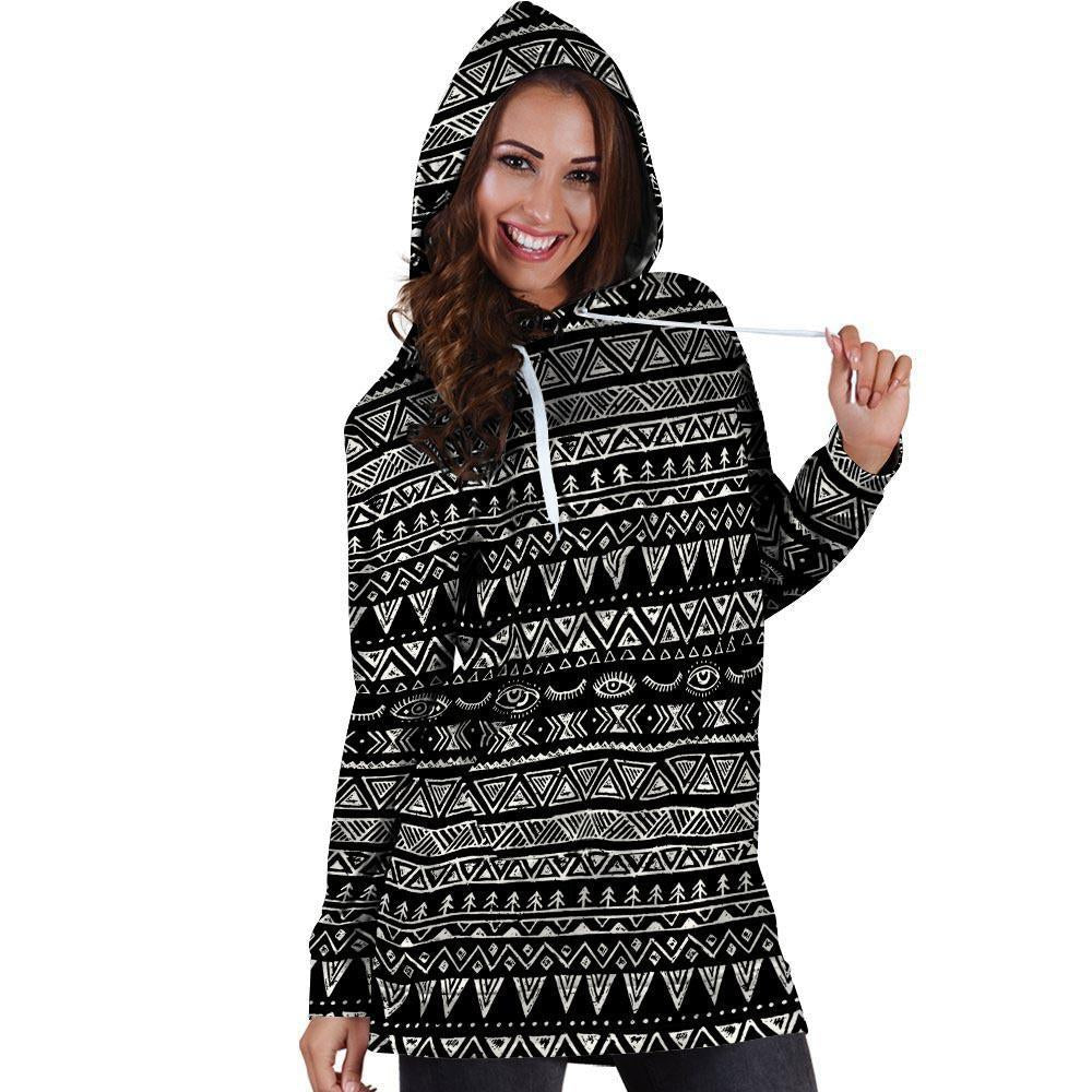 Black And White Doodle Tribal Aztec Print Hoodie Dress-grizzshop