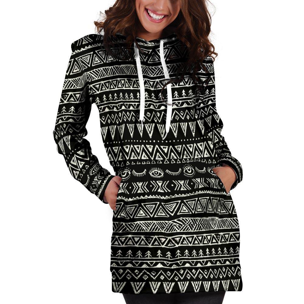 Black And White Doodle Tribal Aztec Print Hoodie Dress-grizzshop