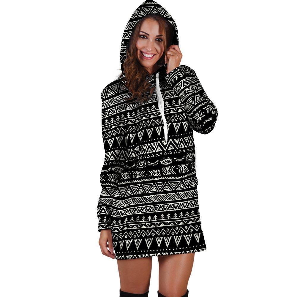 Black And White Doodle Tribal Aztec Print Hoodie Dress-grizzshop