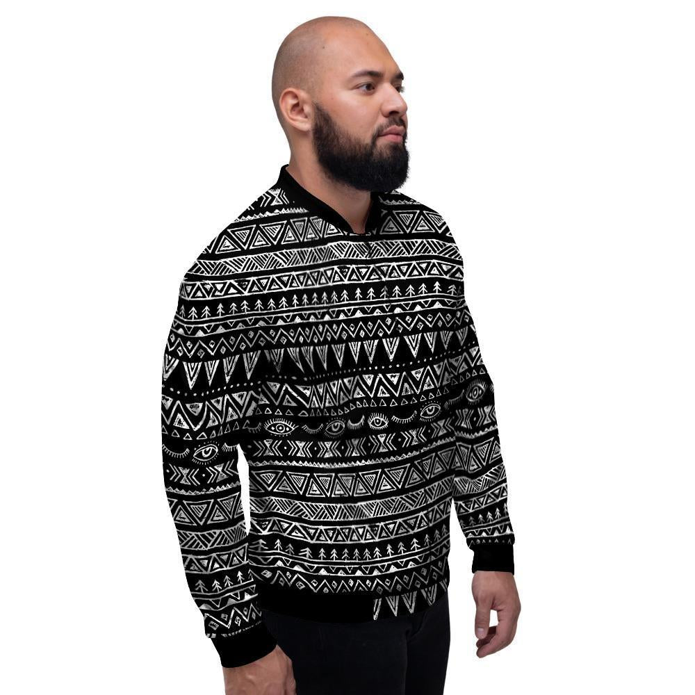 Black And White Doodle Tribal Aztec Print Men's Bomber Jacket-grizzshop