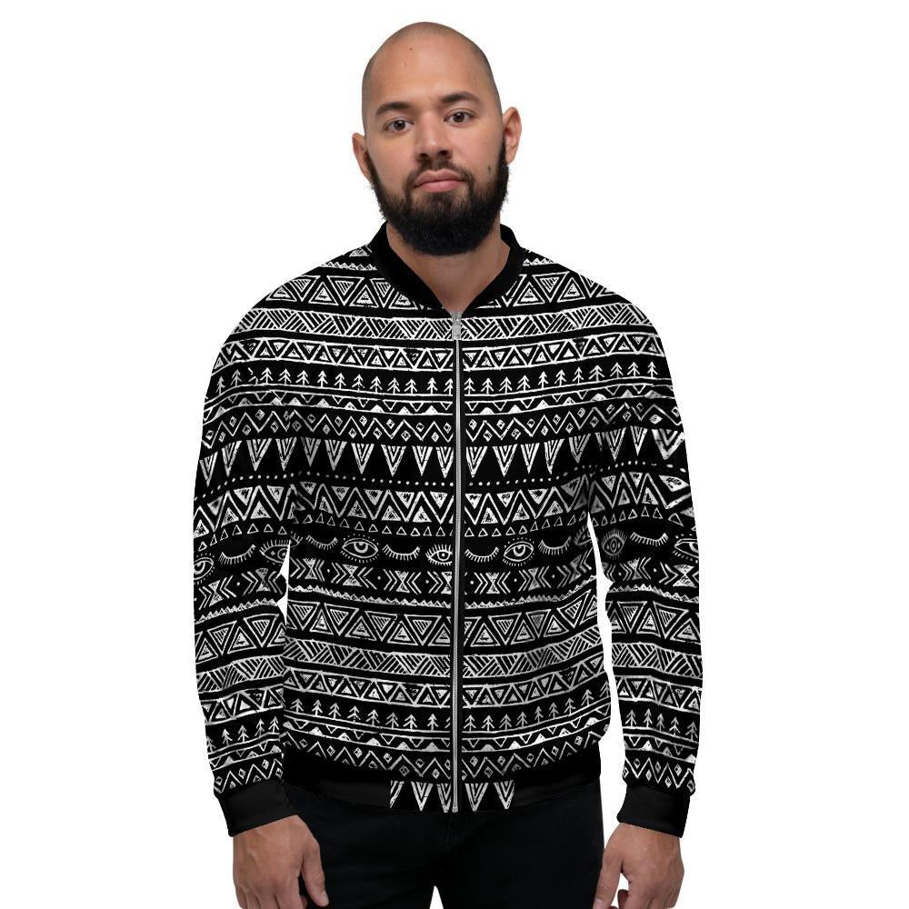 Black And White Doodle Tribal Aztec Print Men's Bomber Jacket-grizzshop