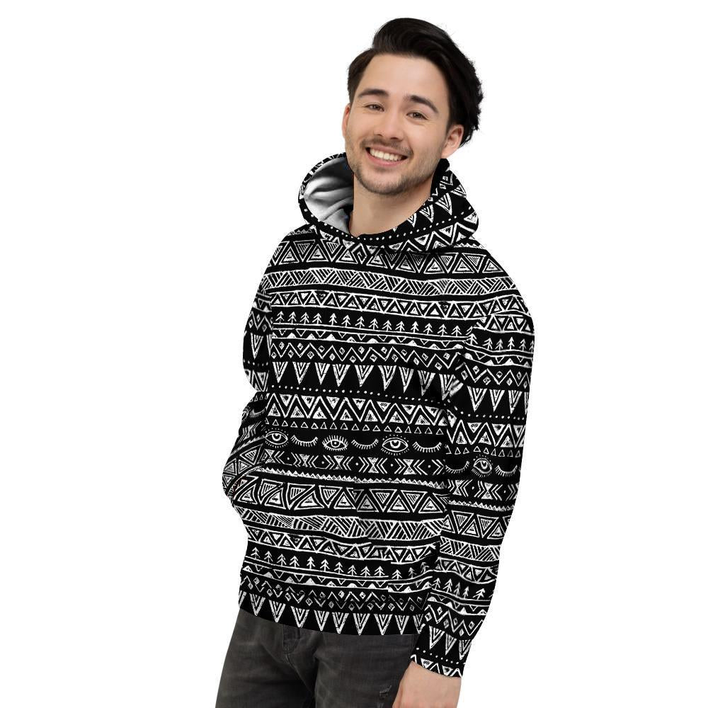 Black And White Doodle Tribal Aztec Print Men's Hoodie-grizzshop