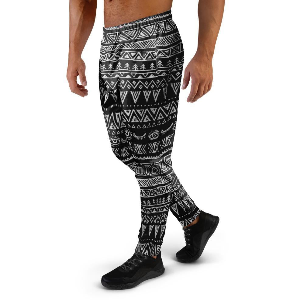 Black And White Doodle Tribal Aztec Print Men's Joggers-grizzshop