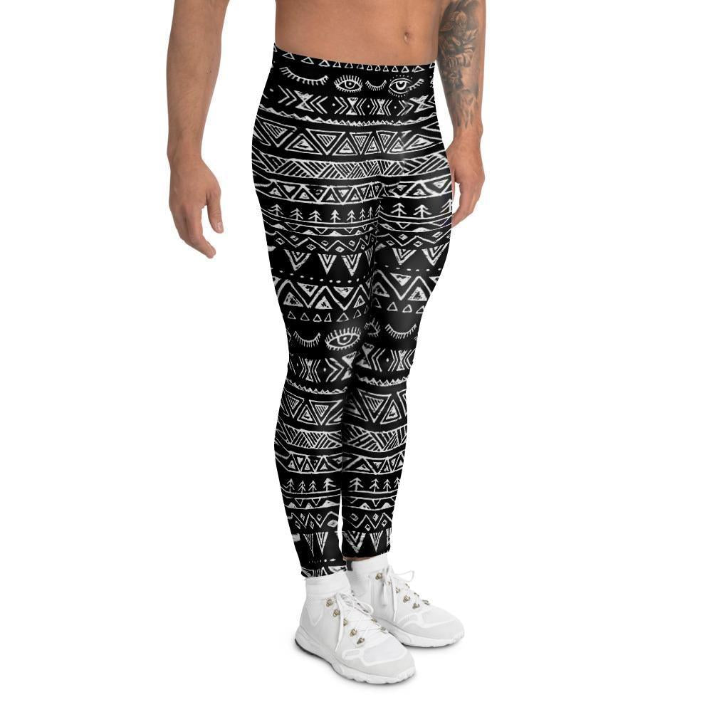 Black And White Doodle Tribal Aztec Print Men's Leggings-grizzshop