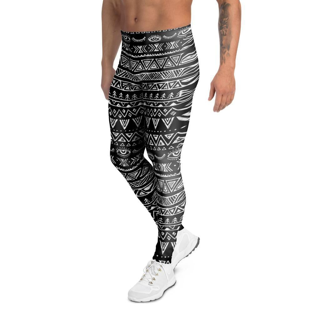 Black And White Doodle Tribal Aztec Print Men's Leggings-grizzshop