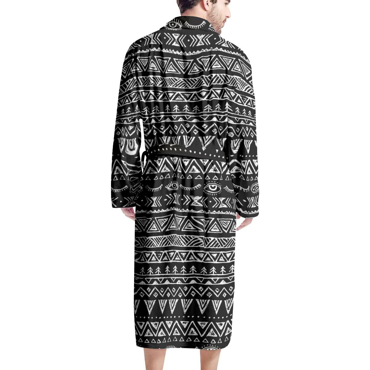 Black And White Doodle Tribal Aztec Print Men's Robe-grizzshop