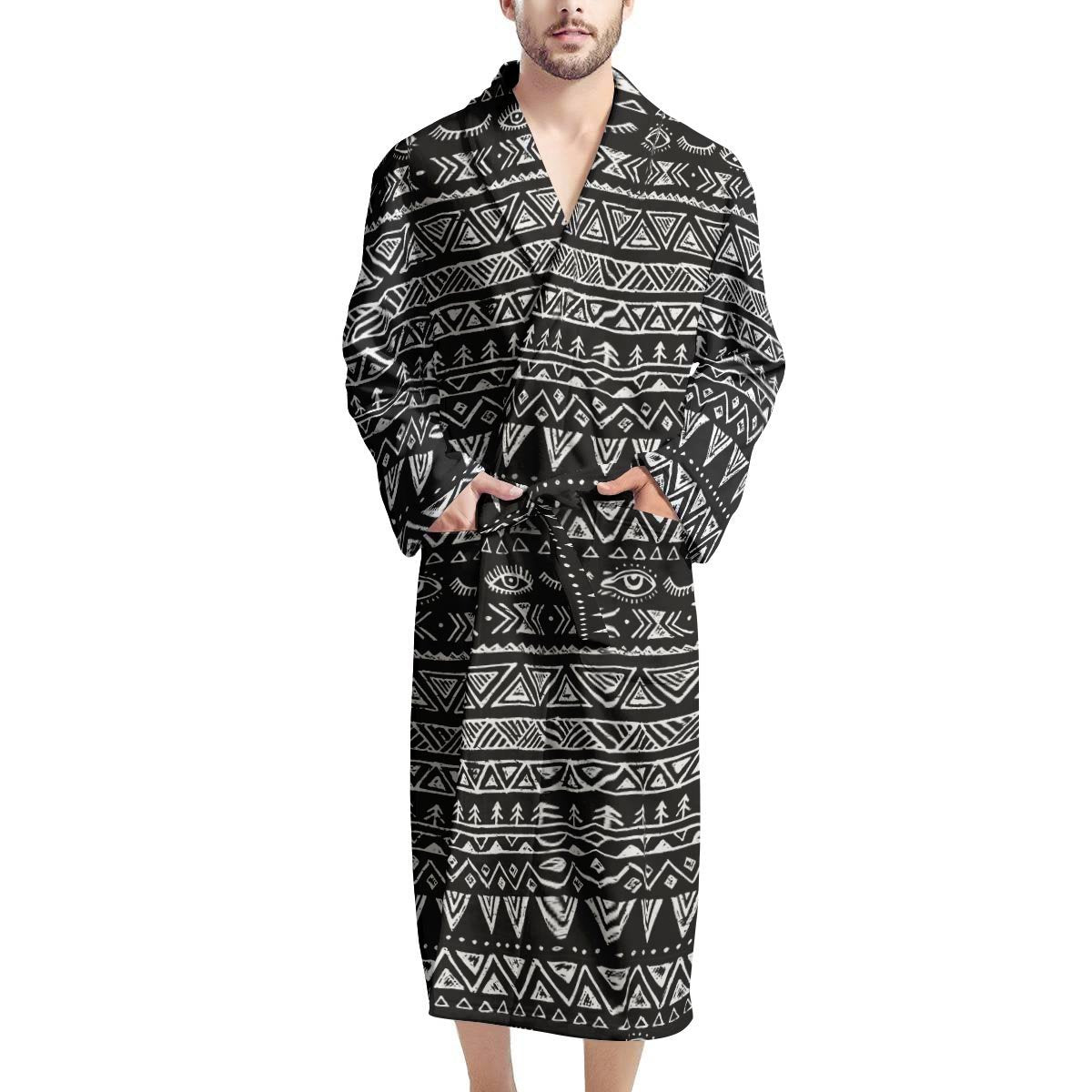 Black And White Doodle Tribal Aztec Print Men's Robe-grizzshop