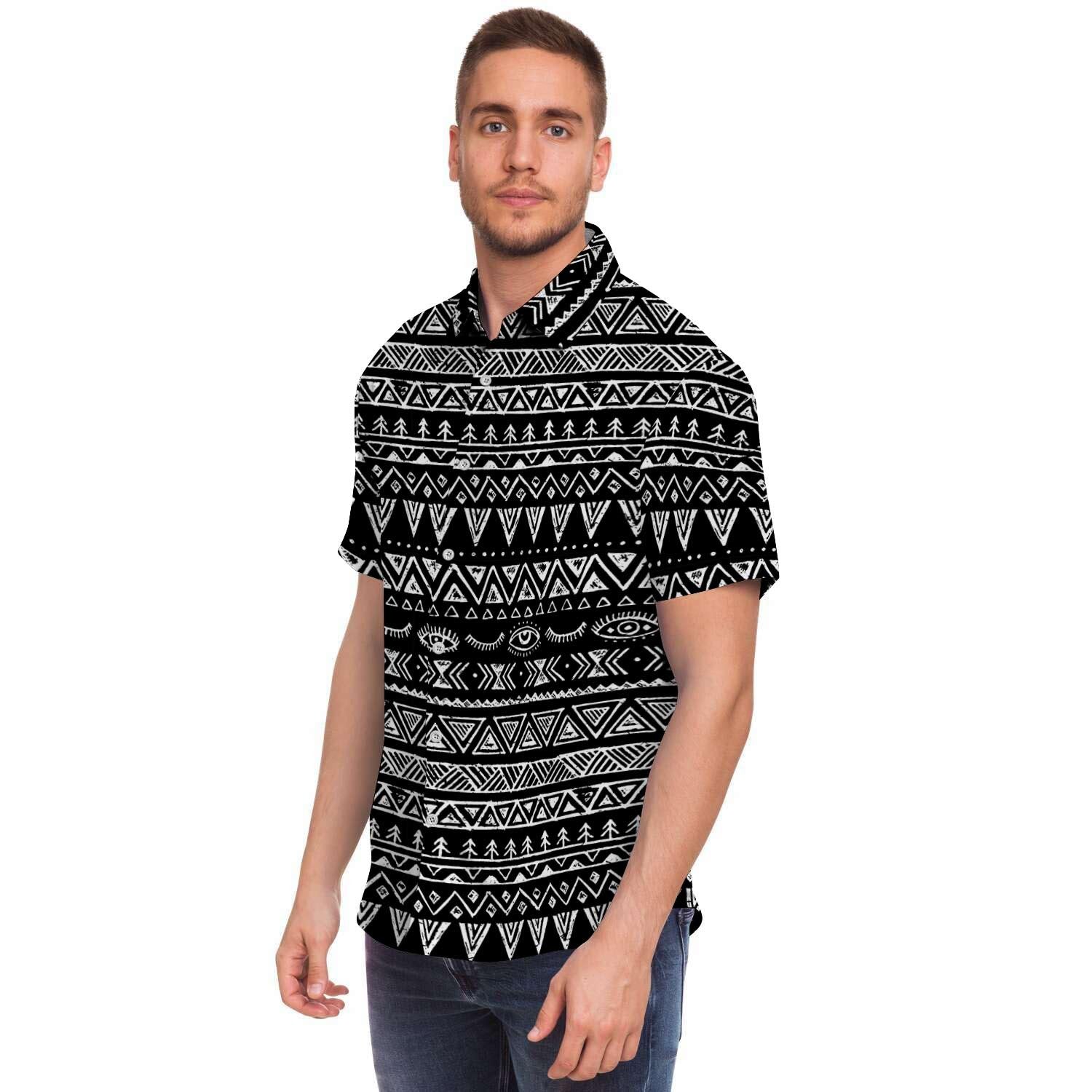 Black And White Doodle Tribal Aztec Print Men's Short Sleeve Shirt-grizzshop