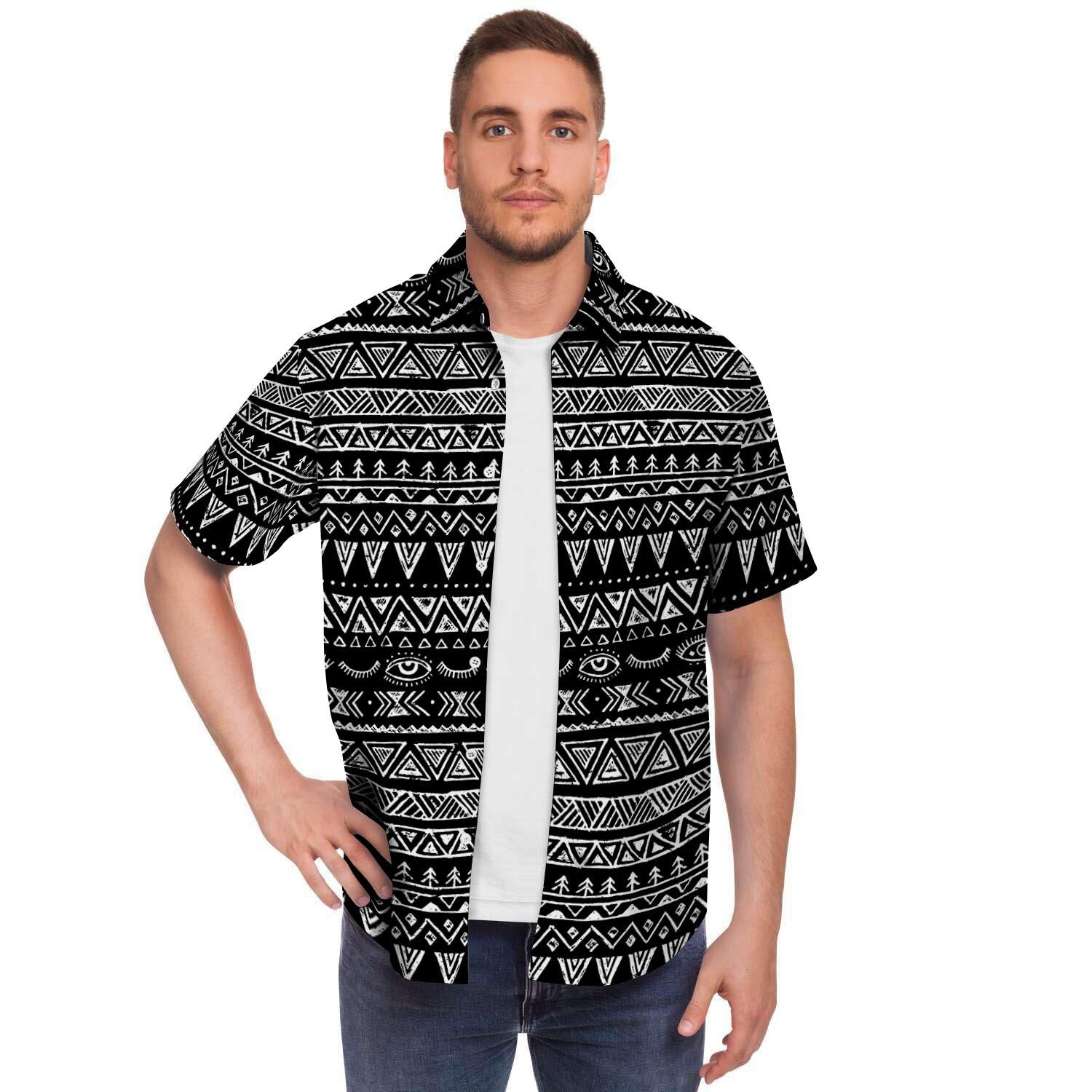 Black And White Doodle Tribal Aztec Print Men's Short Sleeve Shirt-grizzshop