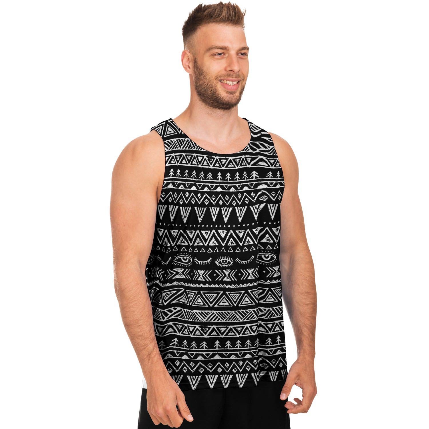 Black And White Doodle Tribal Aztec Print Men's Tank Tops-grizzshop