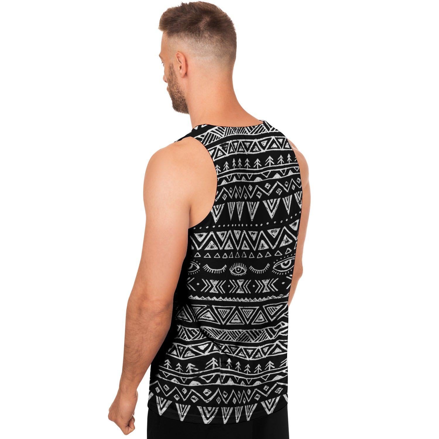 Black And White Doodle Tribal Aztec Print Men's Tank Tops-grizzshop