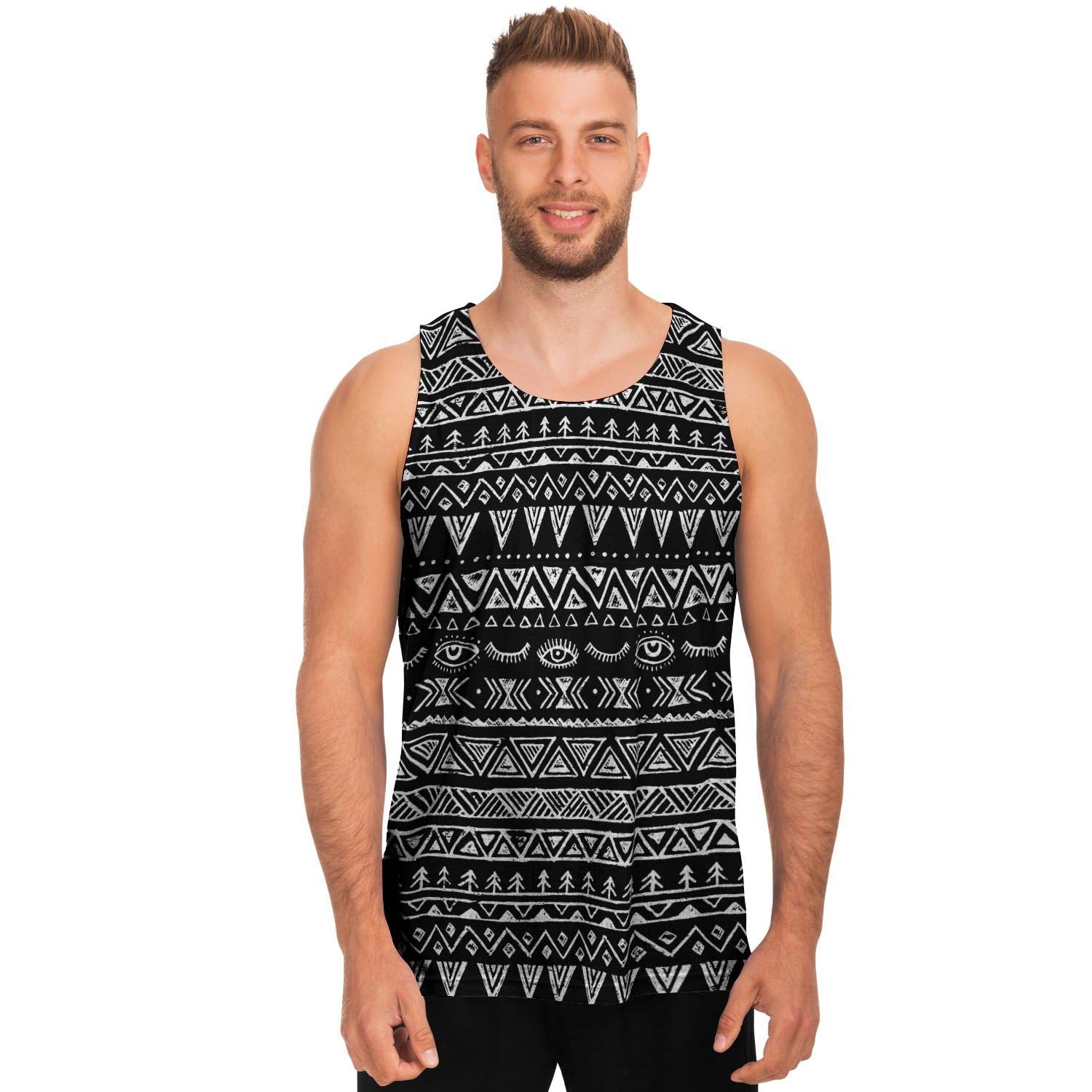 Black And White Doodle Tribal Aztec Print Men's Tank Tops-grizzshop