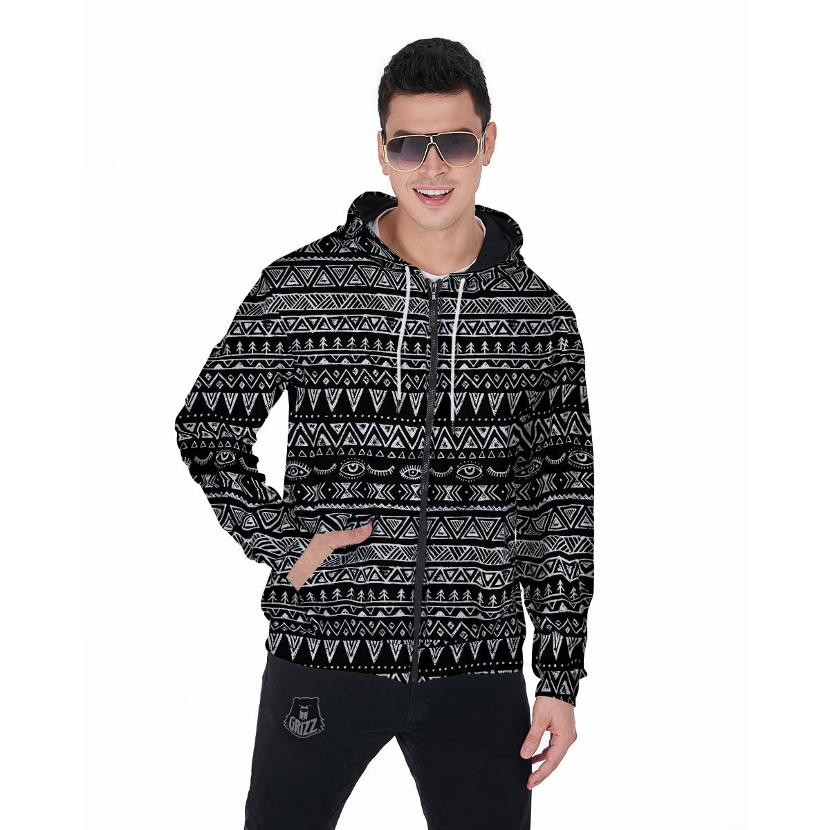 Black And White Doodle Tribal Aztec Print Men's Zip Up Hoodie-grizzshop