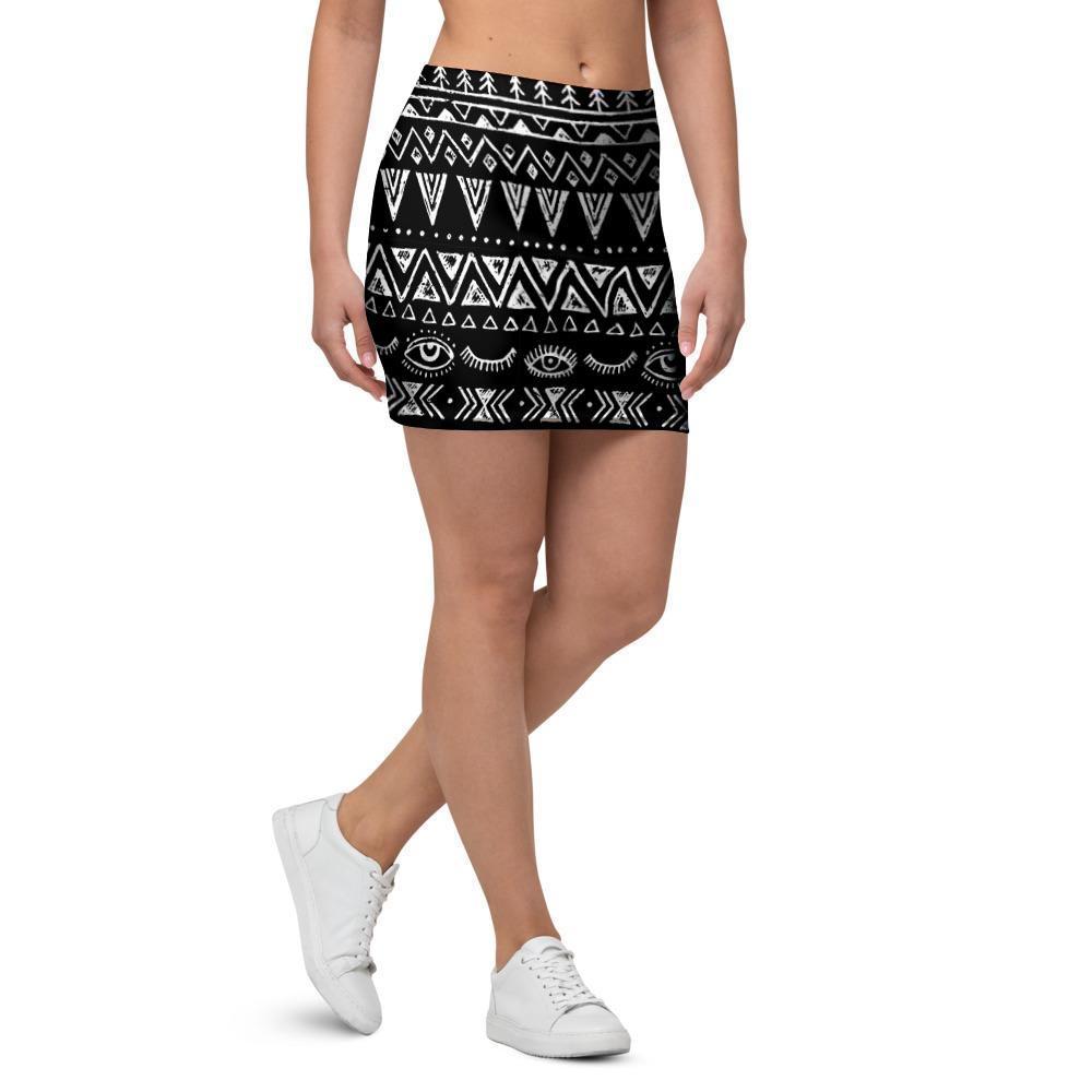 Black And White Doodle Tribal Aztec Print Mini Skirt-grizzshop