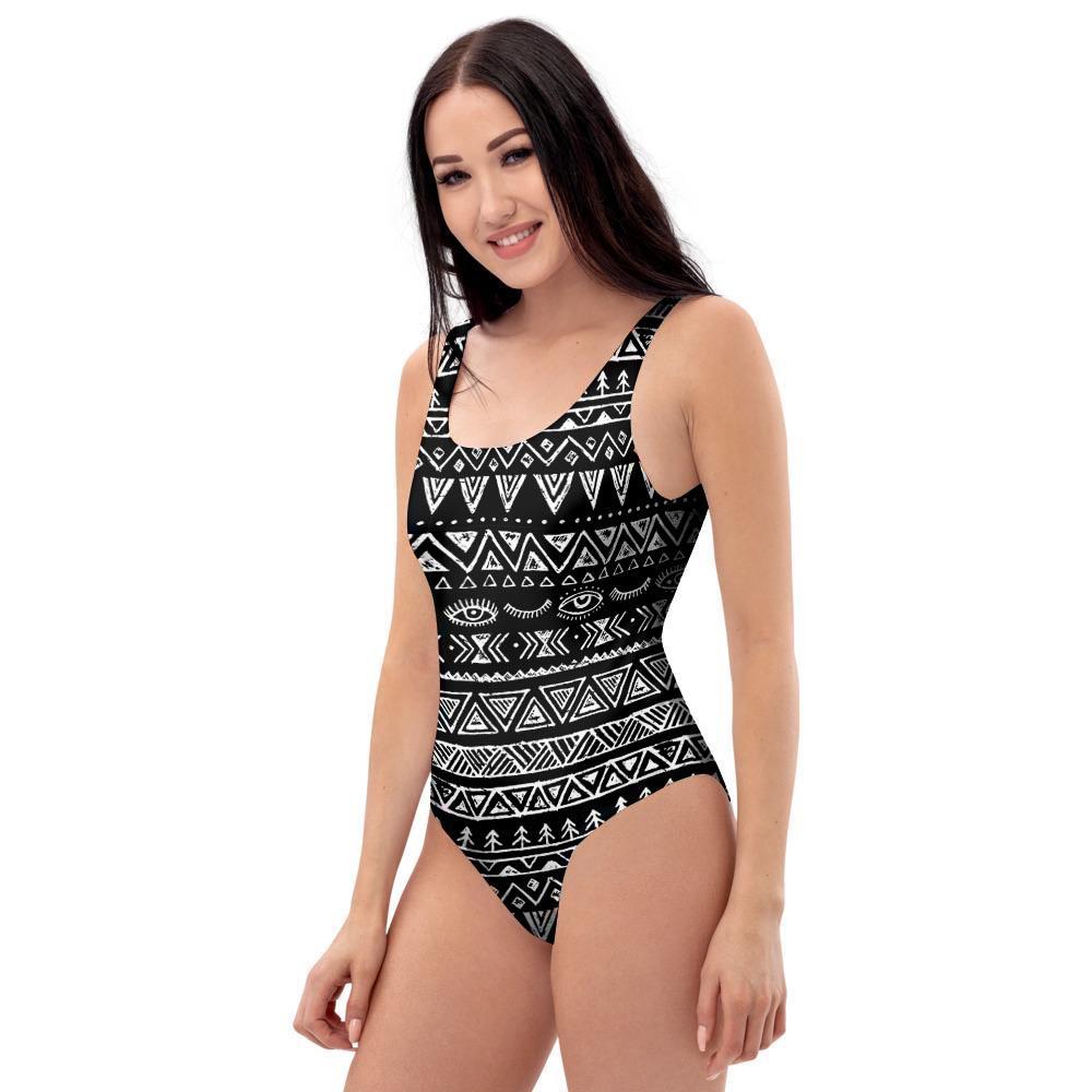 Black And White Doodle Tribal Aztec Print One Piece Swimsuite-grizzshop