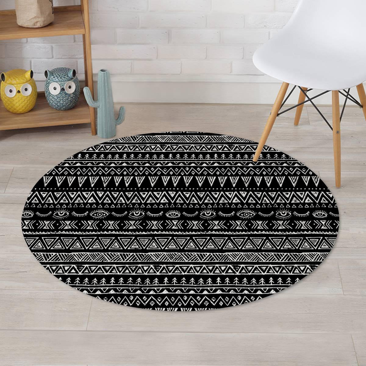 Black And White Doodle Tribal Aztec Print Round Rug-grizzshop