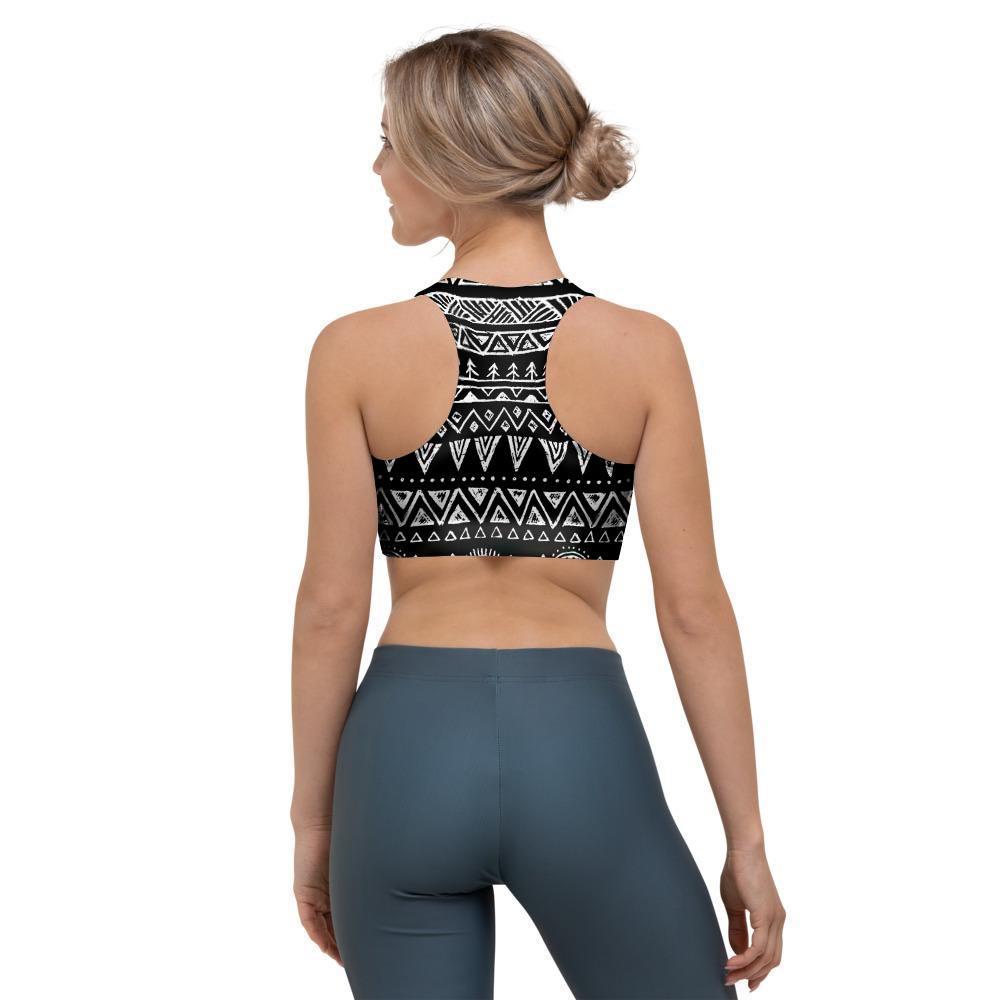 Black And White Doodle Tribal Aztec Print Sports Bra-grizzshop