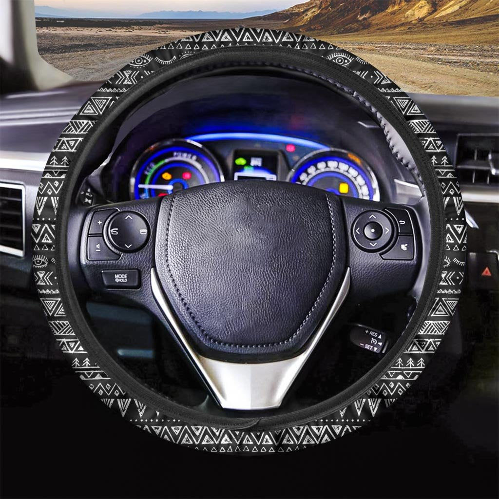 Black And White Doodle Tribal Aztec Print Steering Wheel Cover-grizzshop