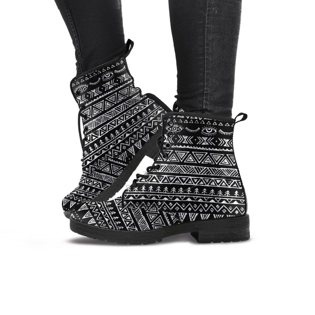 Black And White Doodle Tribal Aztec Print Women's Boots-grizzshop