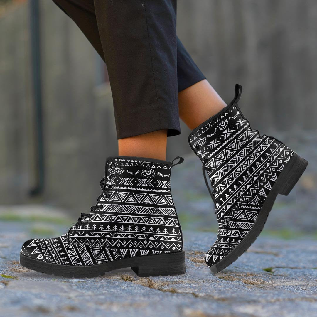Black And White Doodle Tribal Aztec Print Women's Boots-grizzshop