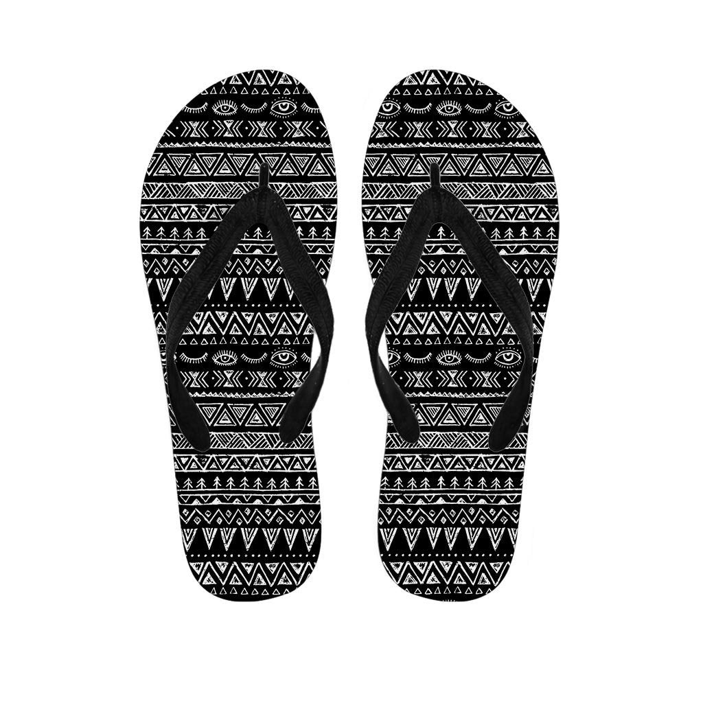 Black And White Doodle Tribal Aztec Print Women's Flip Flops-grizzshop