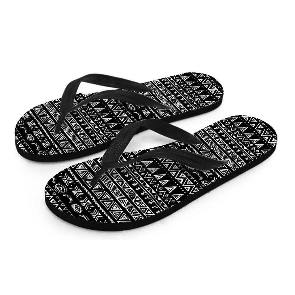 Black And White Doodle Tribal Aztec Print Women's Flip Flops-grizzshop
