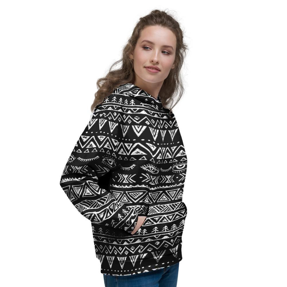 Black And White Doodle Tribal Aztec Print Women's Hoodie-grizzshop