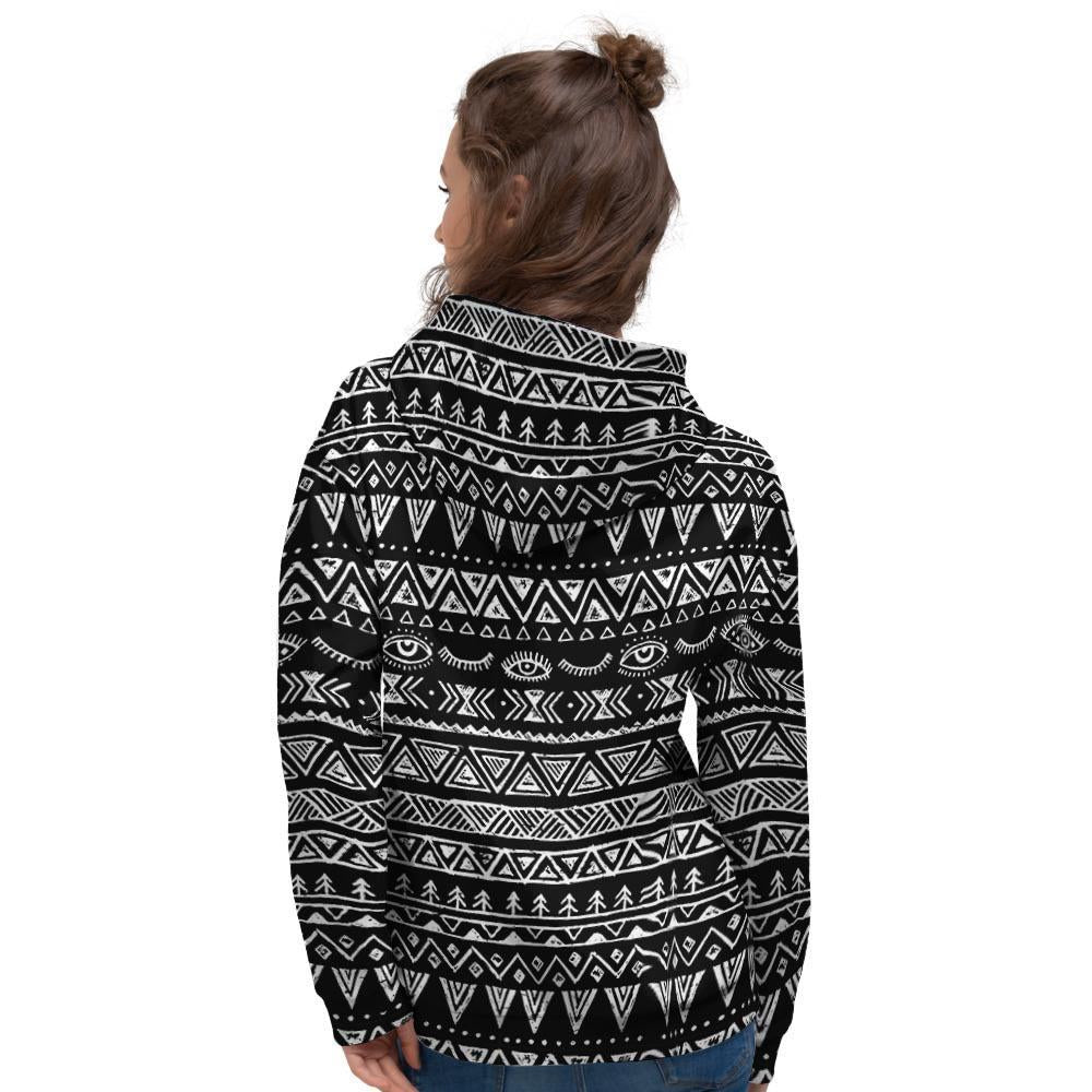 Black And White Doodle Tribal Aztec Print Women's Hoodie-grizzshop