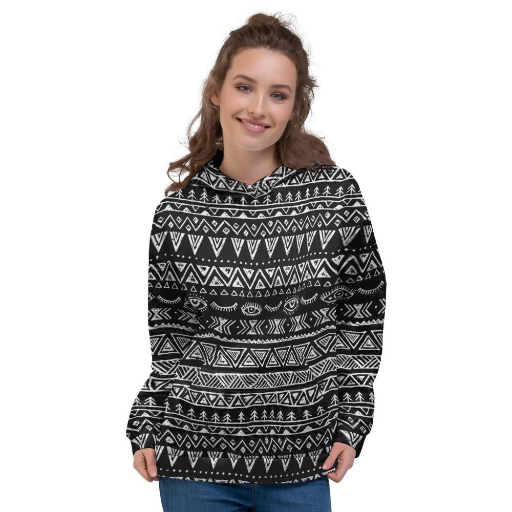 Black And White Doodle Tribal Aztec Print Women's Hoodie-grizzshop