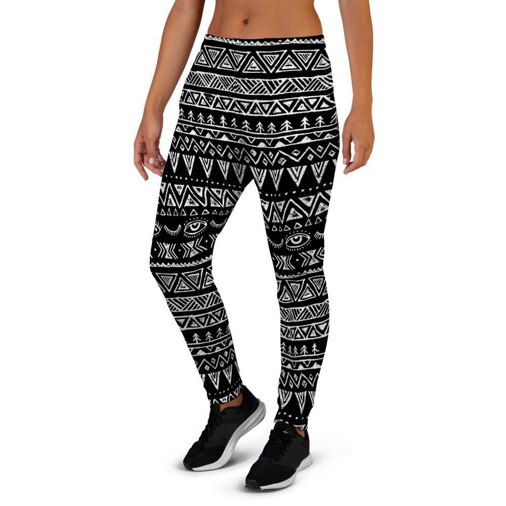 Black And White Doodle Tribal Aztec Print Women's Joggers-grizzshop