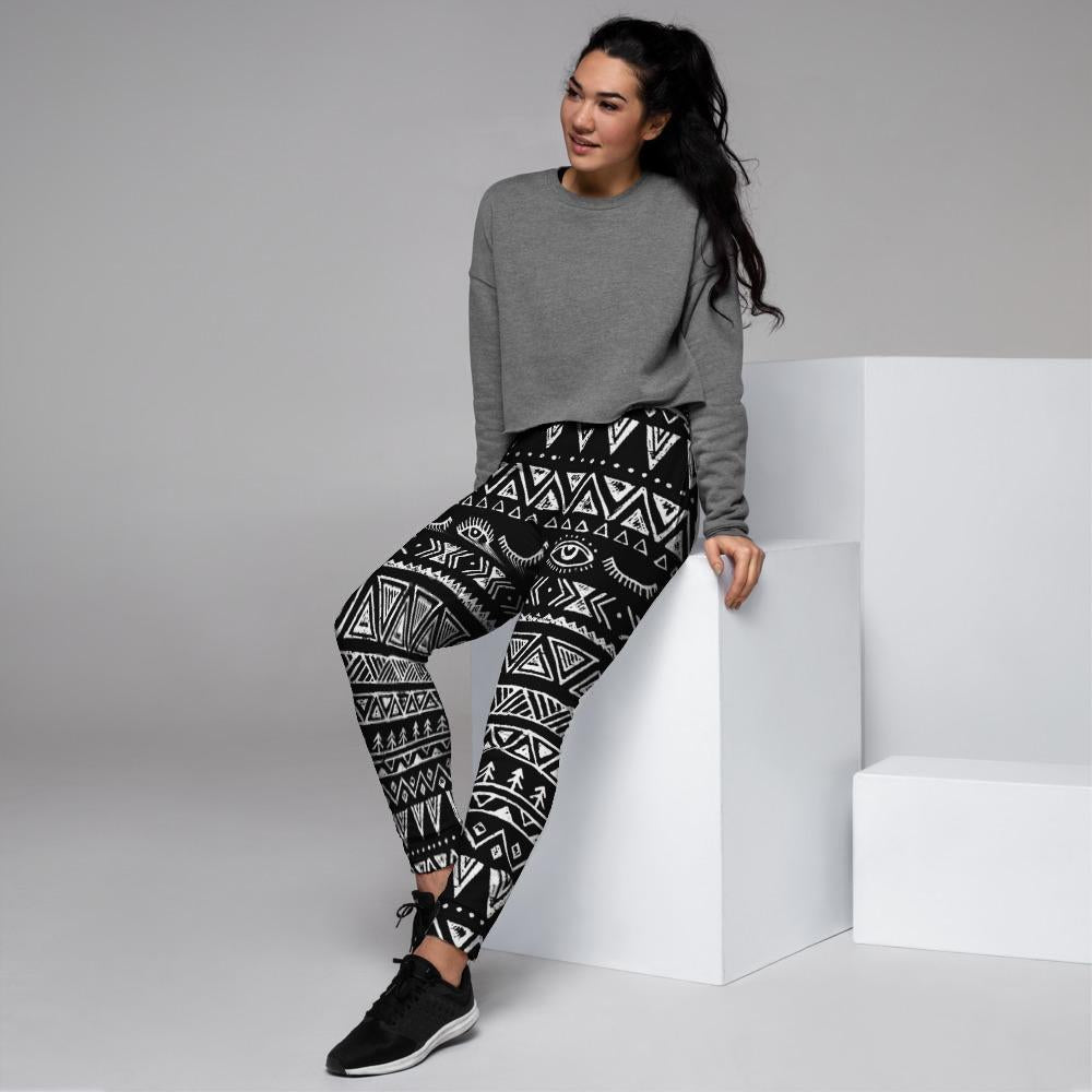 Black And White Doodle Tribal Aztec Print Women's Joggers-grizzshop