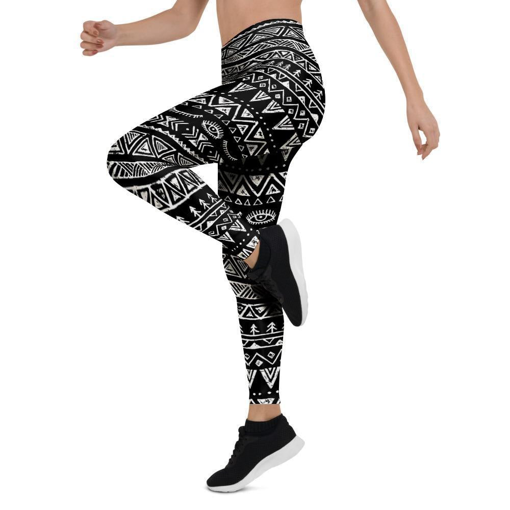 Black And White Doodle Tribal Aztec Print Women's Leggings-grizzshop