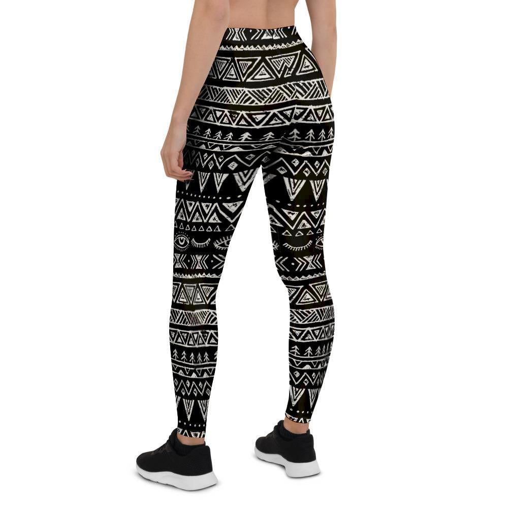 Black And White Doodle Tribal Aztec Print Women's Leggings-grizzshop