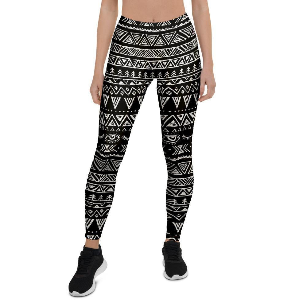 Black And White Doodle Tribal Aztec Print Women's Leggings-grizzshop