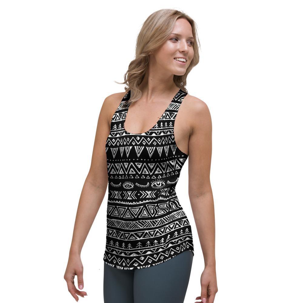 Black And White Doodle Tribal Aztec Print Women's Racerback Tank Top-grizzshop