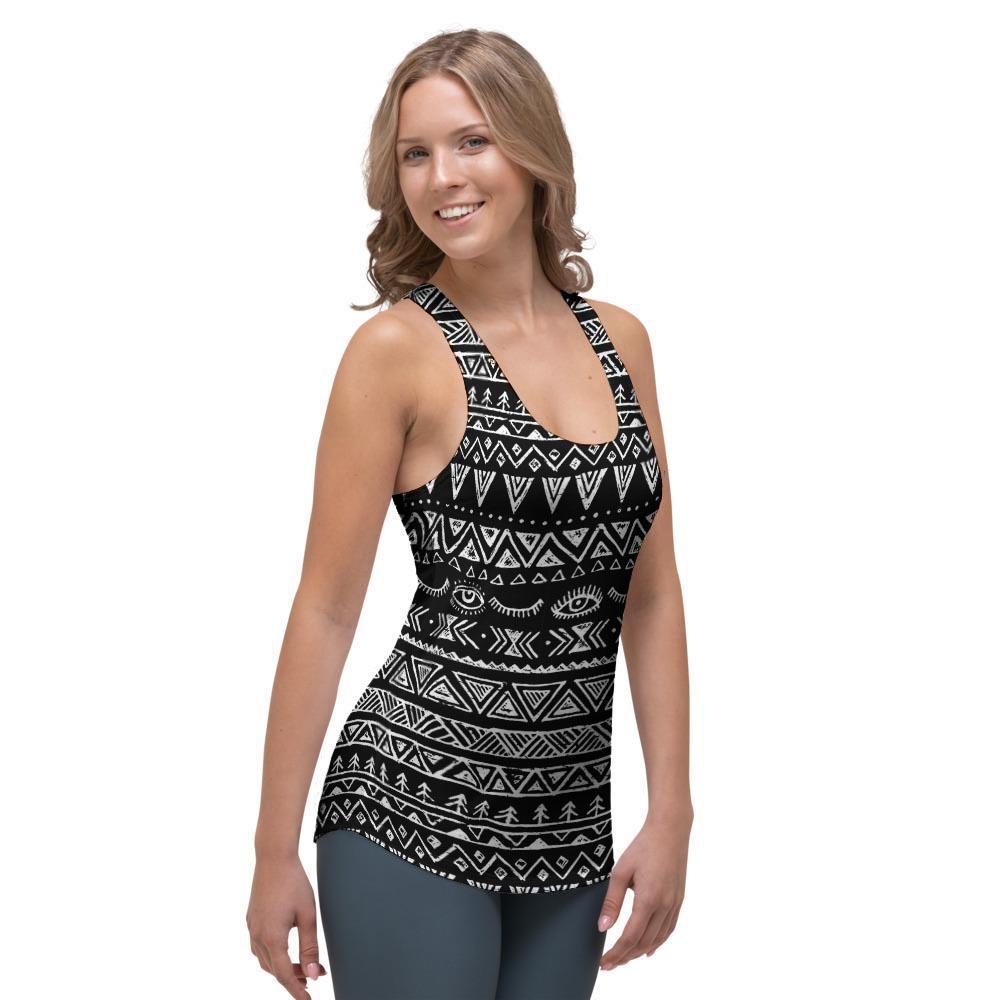 Black And White Doodle Tribal Aztec Print Women's Racerback Tank Top-grizzshop