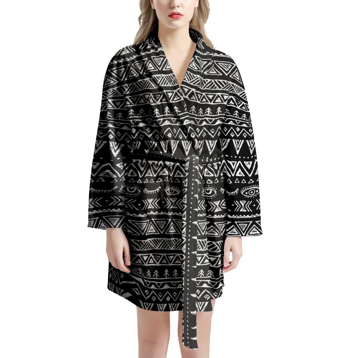 Black And White Doodle Tribal Aztec Print Women's Robe-grizzshop